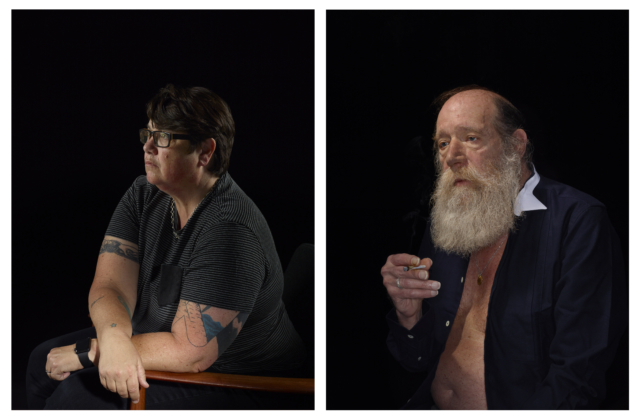 Portraits of artists Catherine Opie and Lawrence Weiner, each against black background