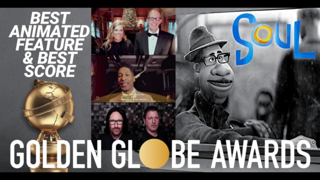 Collage of images. Left: Image of Golden Globe Award below the text "Best Animated Feature & Best Score." Middle: Images of award recipients Dana Murray, Pete Docter, Jon Batiste, Atticus Ross, and Trent Reznor. Right: Still of Joe Gardner from Soul.