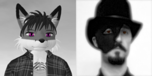 Avatar of fox on left and masked portrait of artist on right